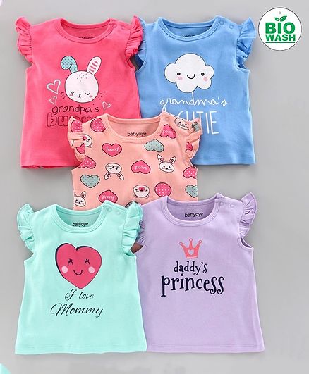 Babyoye Short Sleeves Tees Multi Print Pack of 5 - Pink Blue Purple