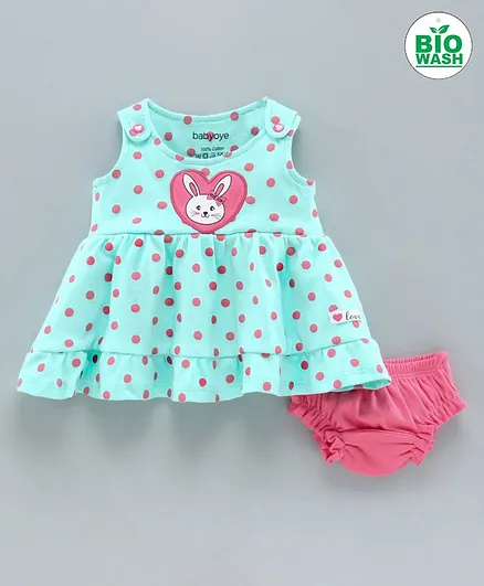 Babyoye 100% Cotton Sleeveless Frock With Bloomer Heart Embroidery - Mint Green Pink