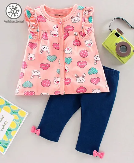 Babyoye Cotton Short Sleeves Top & Leggings Heart Print - Pink Blue