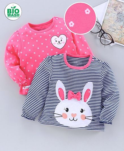 Babyoye Full Sleeves Cotton Tee Striped & Printed Pack of 2 - Pink Blue