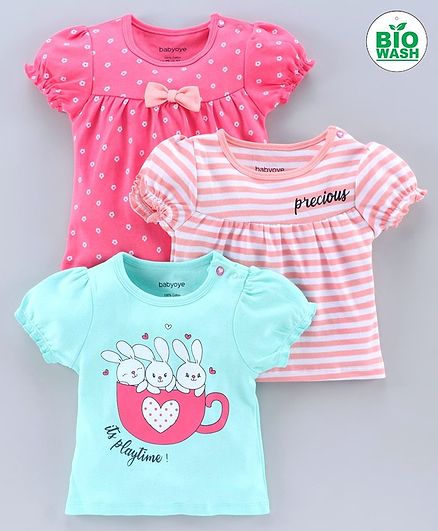 Babyoye Puff Sleeves Cotton Tee Pack of 3 - Pink Sea Green