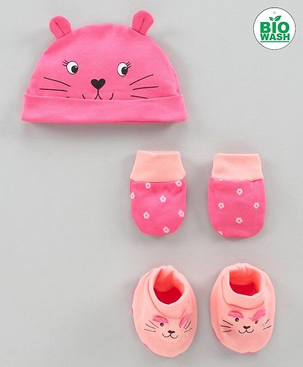 Babyoye Cap Mittens and Booties Set Kitty Print Pink - Diameter 12 cm