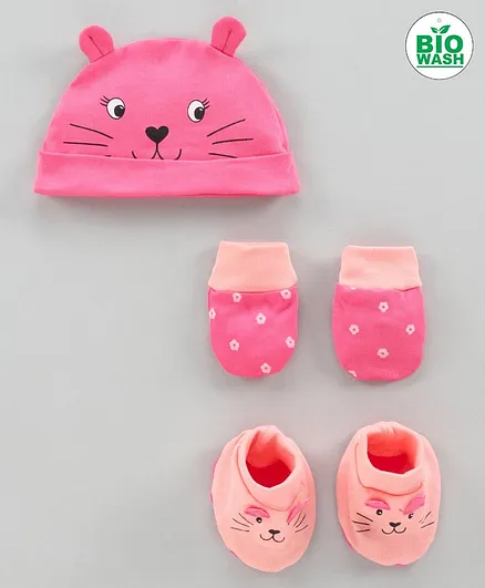 Babyoye Cap Mittens and Booties Set Kitty Print Pink - Diameter 12.5 cm