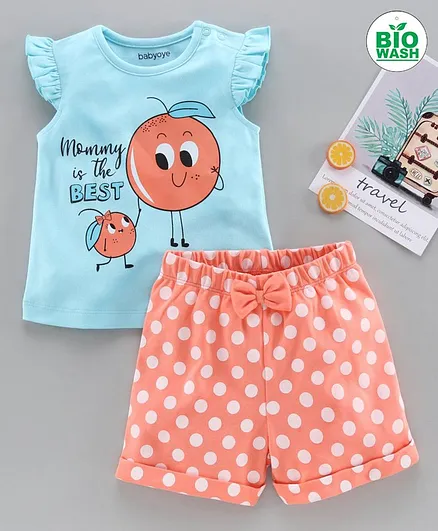 Babyoye Cotton Cap Sleeves Top & Polka Dot Shorts Bow Applique - Blue Orange