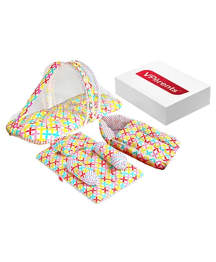 VParents Mite Baby 4 Pieces Bedding Set With Pillow and Bolsters Sleeping Bag and Beddding Set Combo - Flower