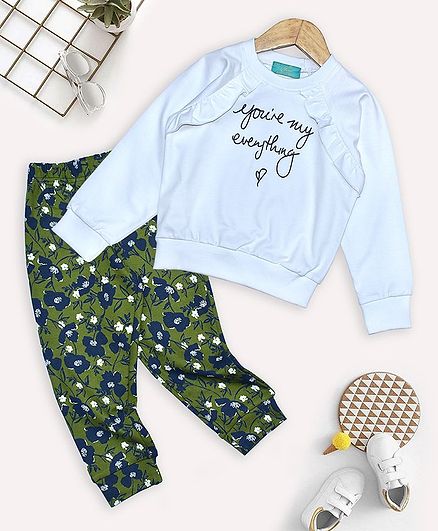 Tiara Full Sleeves Text Print Sweatshirt With Floral Print Joggers - Blue & Green