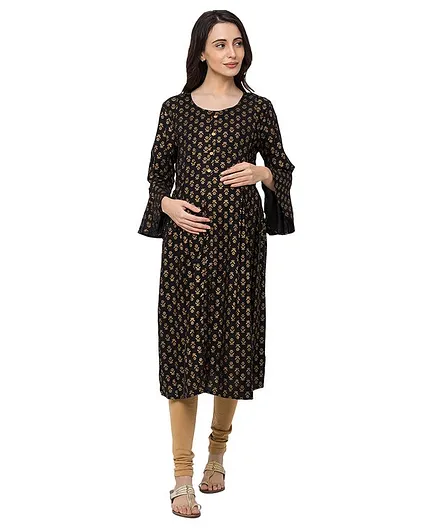 MomToBe Full Bell Sleeves Motif Print Maternity Kurti - Black