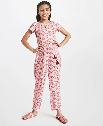 Global Desi Girl Short Sleeves Motif Print Jumpsuit - Light Pink