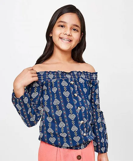 Global Desi Girl Full Sleeves Design Print Off Shoulder Top - Navy Blue
