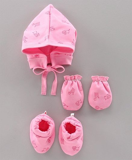 Child World Cap Mittens And Booties Set Animal Print - Pink