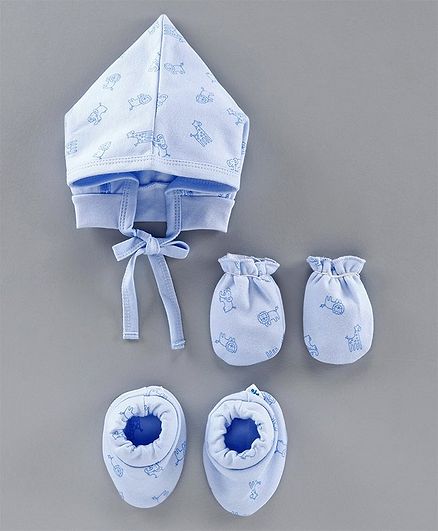 Child World Cap Mittens And Booties Set Animal Print - Blue