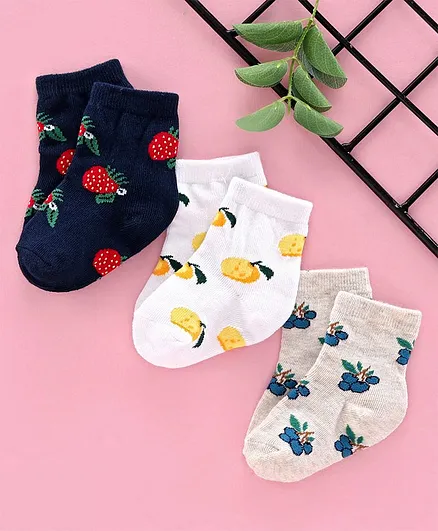 Cute Walk by Babyhug Fruit Design Ankle Length Socks Pack of 3 - Blue White Grey