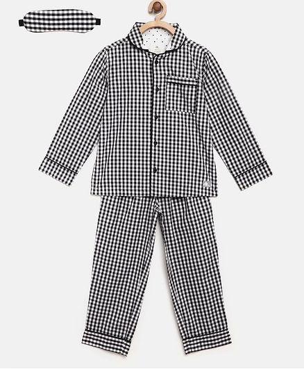 Cherry Crumble by Nitt Hyman Full Sleeves Checkered Night Suit with Eye Mask - Black