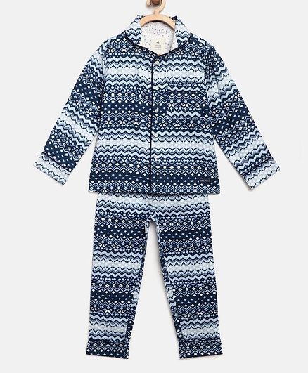 Cherry Crumble by Nitt Hyman Full Sleeves Tribal Print Night Suit - Blue