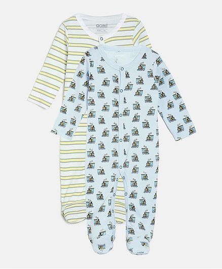 Aomi Pack Of 2 Full Sleeves Train Print Sleepsuits - White & Blue