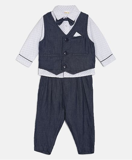 Aomi Full Sleeves Polka Dot Print Party Suit With Bow Tie - Blue