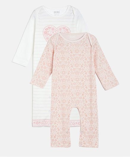 Aomi Printed Full Sleeves Pack Of 2 Flower Print Rompers - Pink