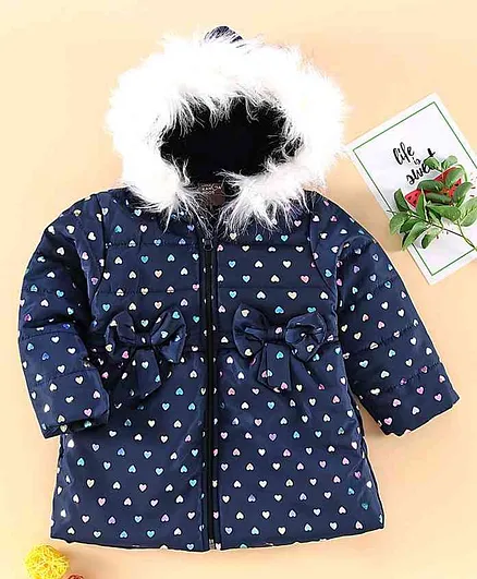 Little Kangaroos Full Sleeves Padded Winter Jacket Hearts Print - Navy Blue