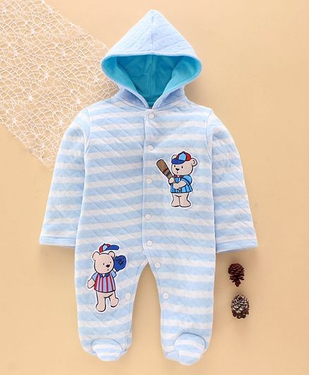 Tappintoes Full Sleeves Winter Wear Hooded Footed Romper Teddy Patch - Blue