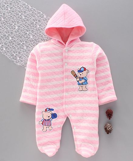 Tappintoes Full Sleeves Winter Wear Hooded Footed Romper Teddy Patch - Pink