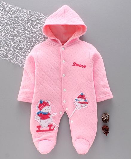 Tappintoes Full Sleeves Winter Wear Hooded Footed Romper Snow Man Patch - Pink