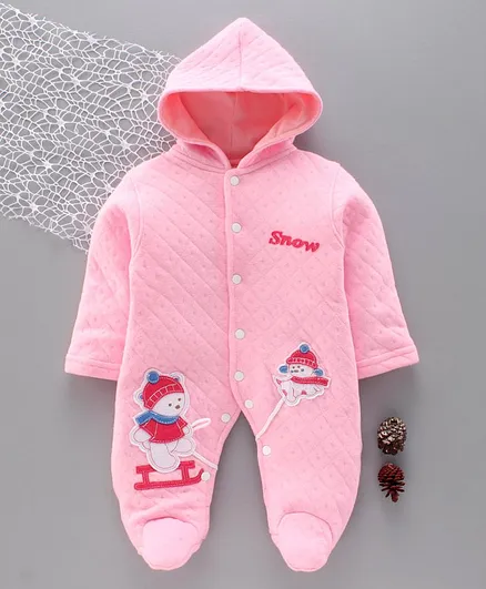Tappintoes Full Sleeves Winter Wear Hooded Footed Romper Snow Man Patch - Pink