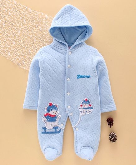 Tappintoes Full Sleeves Winter Wear Hooded Footed Romper Snow Man Patch - Blue