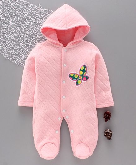 Tappintoes Full Sleeves Winter Wear Hooded Footed Romper Butterfly Patch - Pink