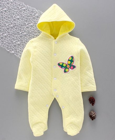 Tappintoes Full Sleeves Winter Wear Hooded Footed Romper Butterfly Patch - Yellow