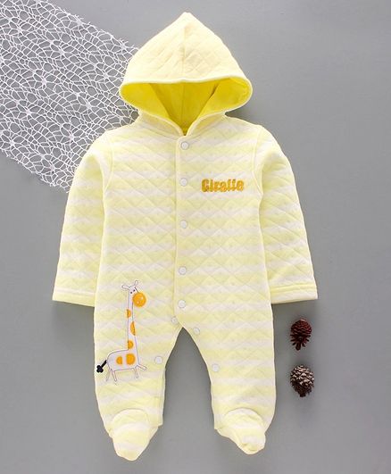 Tappintoes Full Sleeves Winter Wear Hooded Footed Romper Animal Patch - Yellow