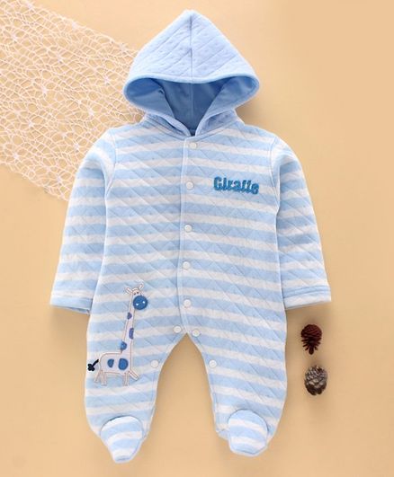 Tappintoes Full Sleeves Winter Wear Hooded Footed Romper Animal Patch - Blue