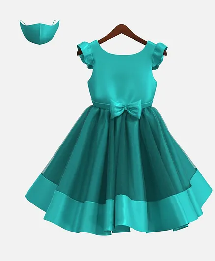 HEYKIDOO Cap Sleeves Bow Applique Solid Colour Dress With Matching Face Mask - Green