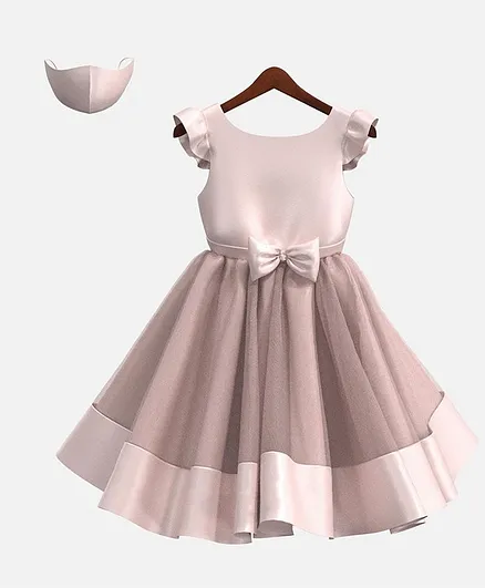 HEYKIDOO Cap Sleeves Bow Applique Solid Colour Dress With Matching Face Mask - Light Pink
