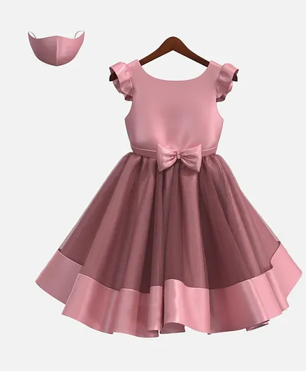 HEYKIDOO Cap Sleeves Bow Applique Solid Colour Dress With Matching Face Mask - Pink