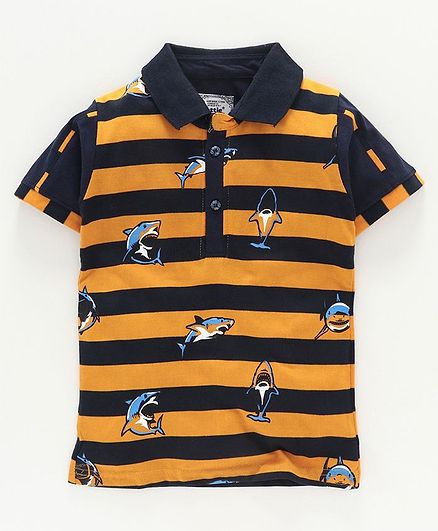 Nottie Planet Striped Half Sleeves Shark Printed Polo Tee - Yellow