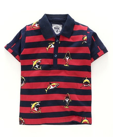 Nottie Planet Striped Half Sleeves Shark Printed Polo Tee - Red