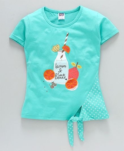 Nottie Planet Half Sleeves Lemon & Black Berry Juice Bottle Patch Detailing Tee - Sea Green