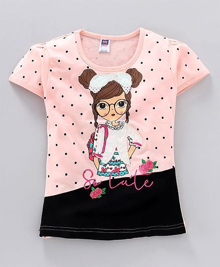 Nottie Planet Cap Sleeves Girl Print Detailing Tee - Peach