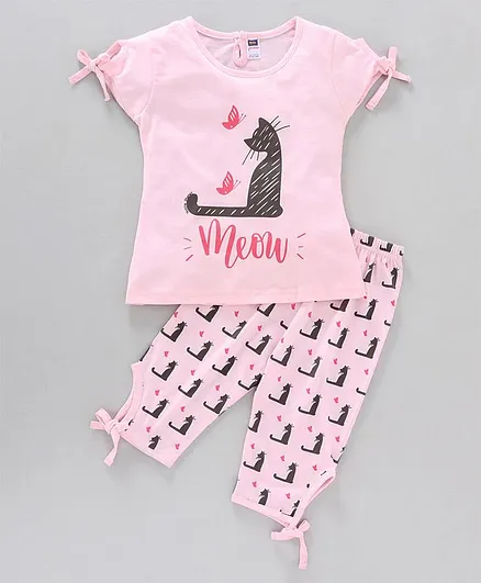 Nottie Planet Short Sleeves Cat Printed Night Suit - Light Pink