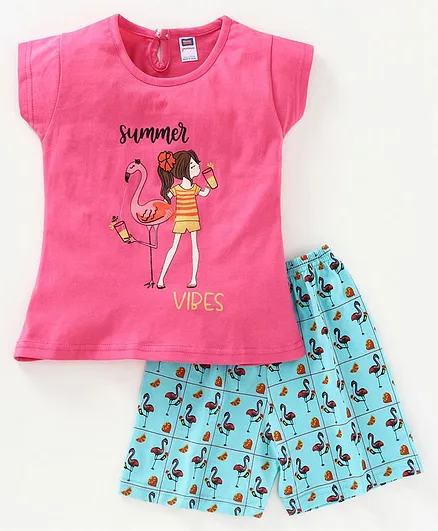 Nottie Planet Short Sleeves Flamingo Printed Night Suit - Pink
