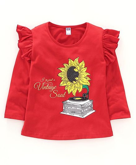 Nottie Planet Full Sleeves Sunflower Printed Tee - Red