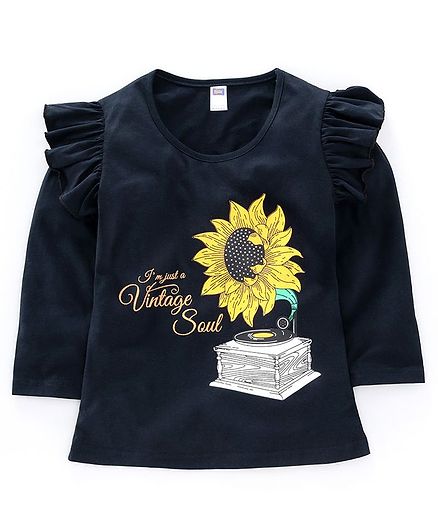 Nottie Planet Full Sleeves Sunflower Printed Tee - Navy Blue