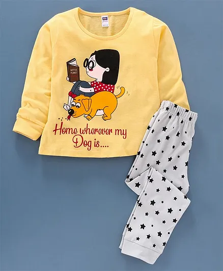 Nottie Planet Full Sleeves Dog Print Night Suit - Yellow