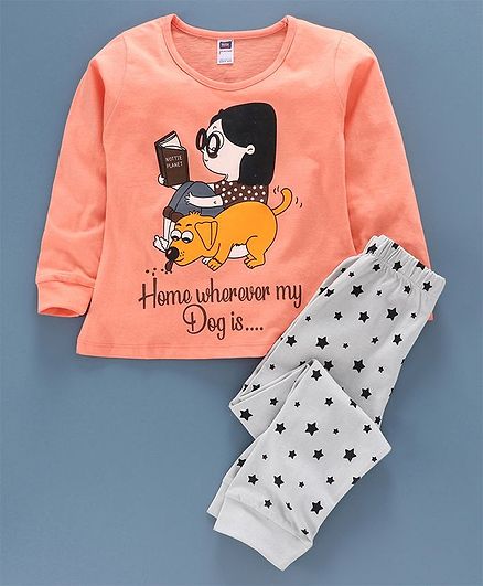 Nottie Planet Full Sleeves Dog Print Night Suit - Coral
