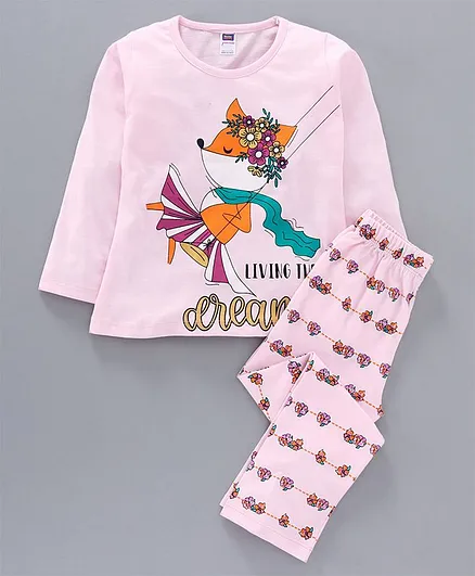 Nottie Planet Full Sleeves Fox Living The Dream Print Night Suit - Pink