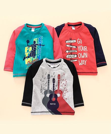 Nottie Planet Pack Of 3 Full Sleeves Guitar Print T-Shirt - Red Green & Grey