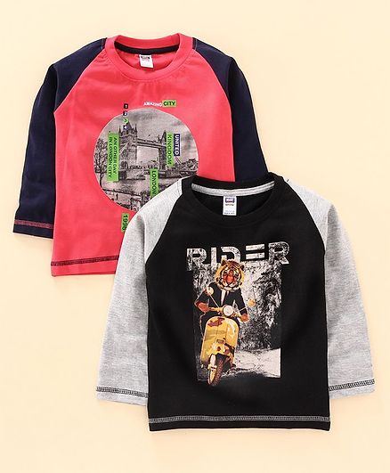 Nottie Planet Pack Of 2 Full Sleeves Tiger In Scooty Print T-Shirt Set - Black Red