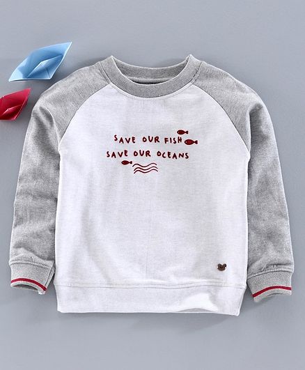 Ed-a-Mamma Full Sleeves Save Our Fish Save Our Ocean Print Slogan Sweatshirt - Grey