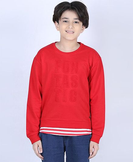 Ed-a-Mamma Full Sleeves Fantastic Patch Sweatshirt With Stripes At Bottom - Red