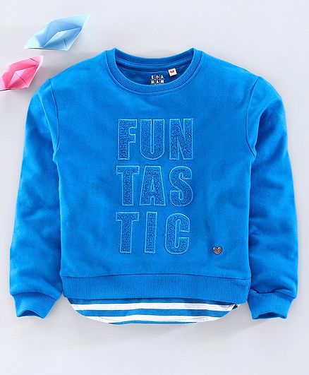 Ed-a-Mamma Full Sleeves Fantastic Patch Sweatshirt With Stripes At Bottom - Blue